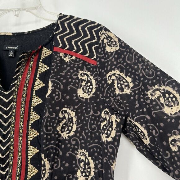 J Peterman Boho Tunic Top Black Gold Sequins Paisley Print 3/4 Sleeves Size S - Picture 4 of 12